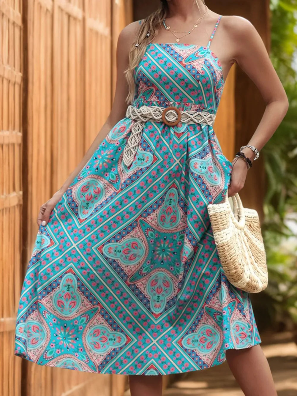 Perfee Printed Spaghetti Strap Midi Dress - Blushé Belle