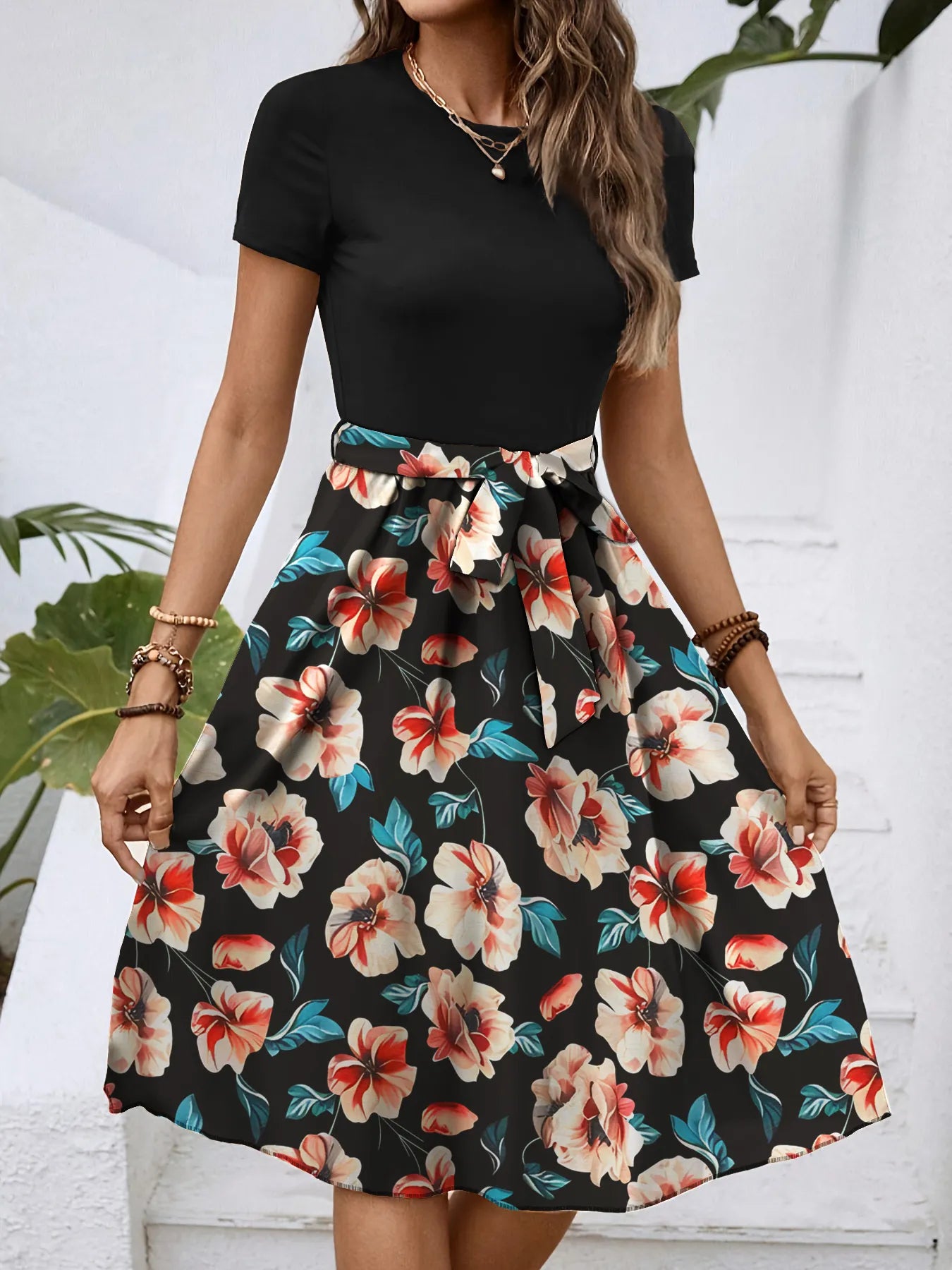 Floral Print Short Sleeve A-Line Dress - Blushé Belle