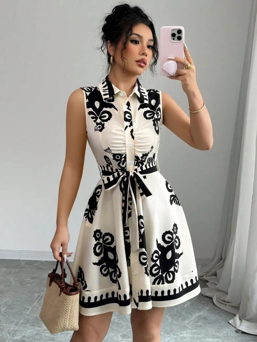 Printed Sleeveless Button Front Dress - Blushé Belle