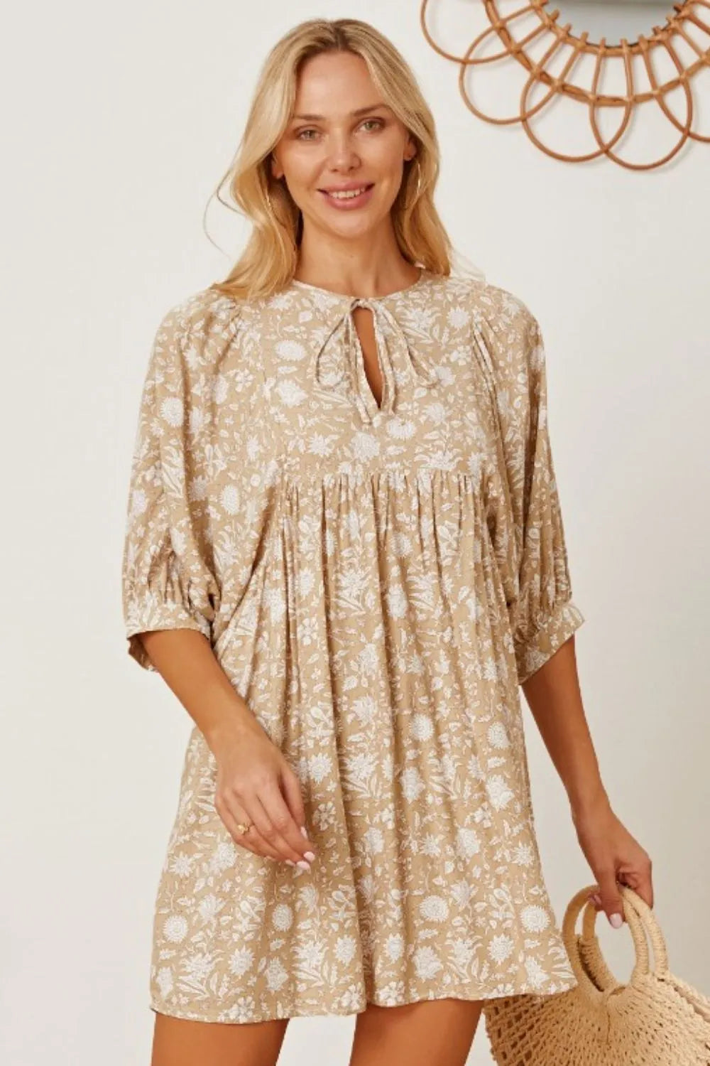 Floral Tie Neck Ruched Babydoll Dress - Blushé Belle