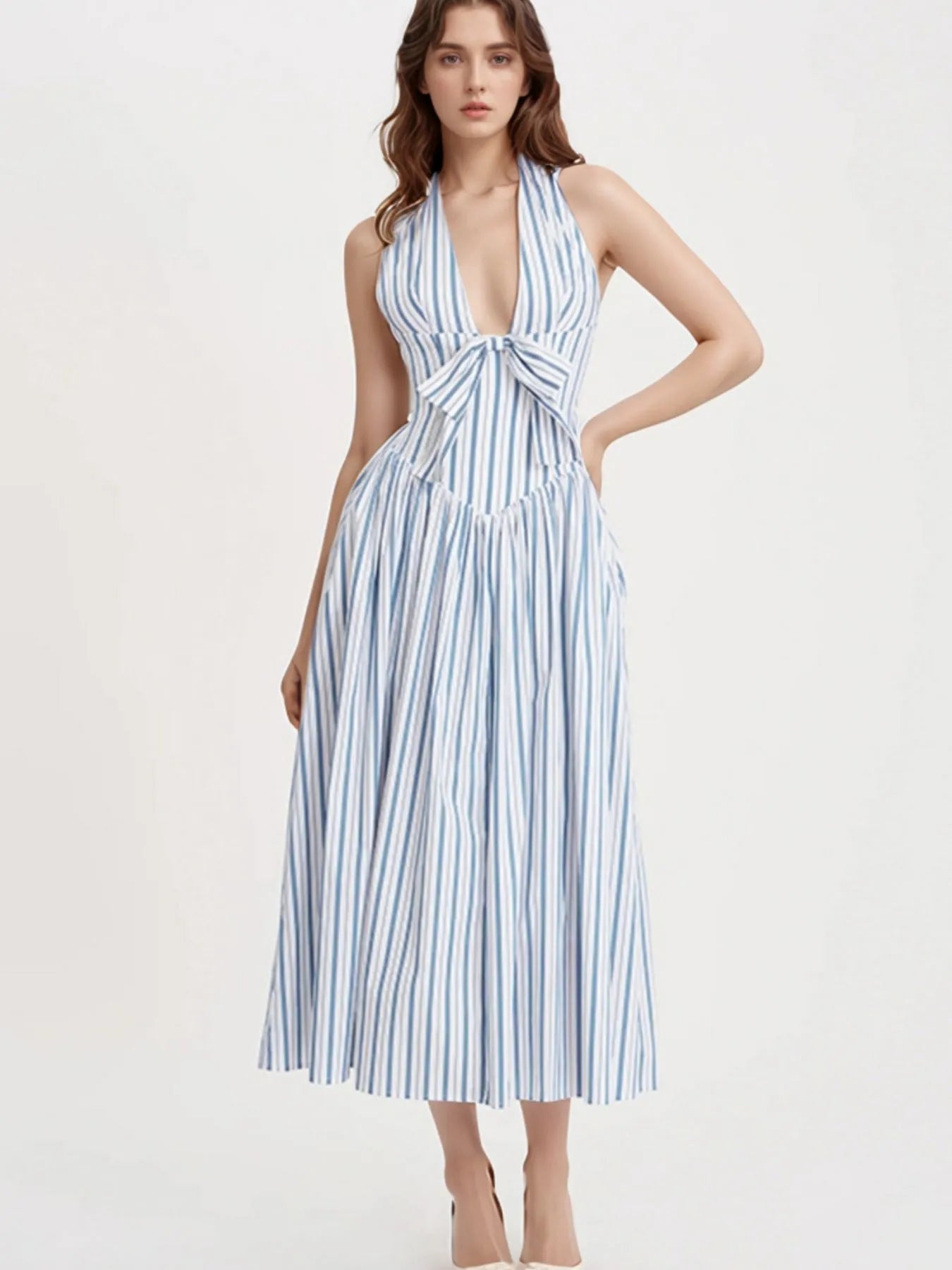 Striped Halter Neck Midi Dress with Tie Front Detail - Blushé Belle