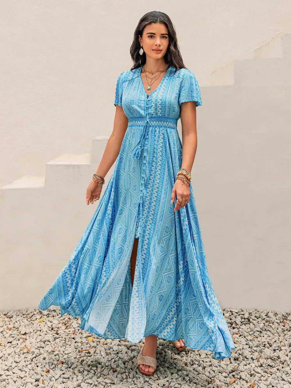 Printed Button Down Short Sleeve Maxi Dress - Blushé Belle
