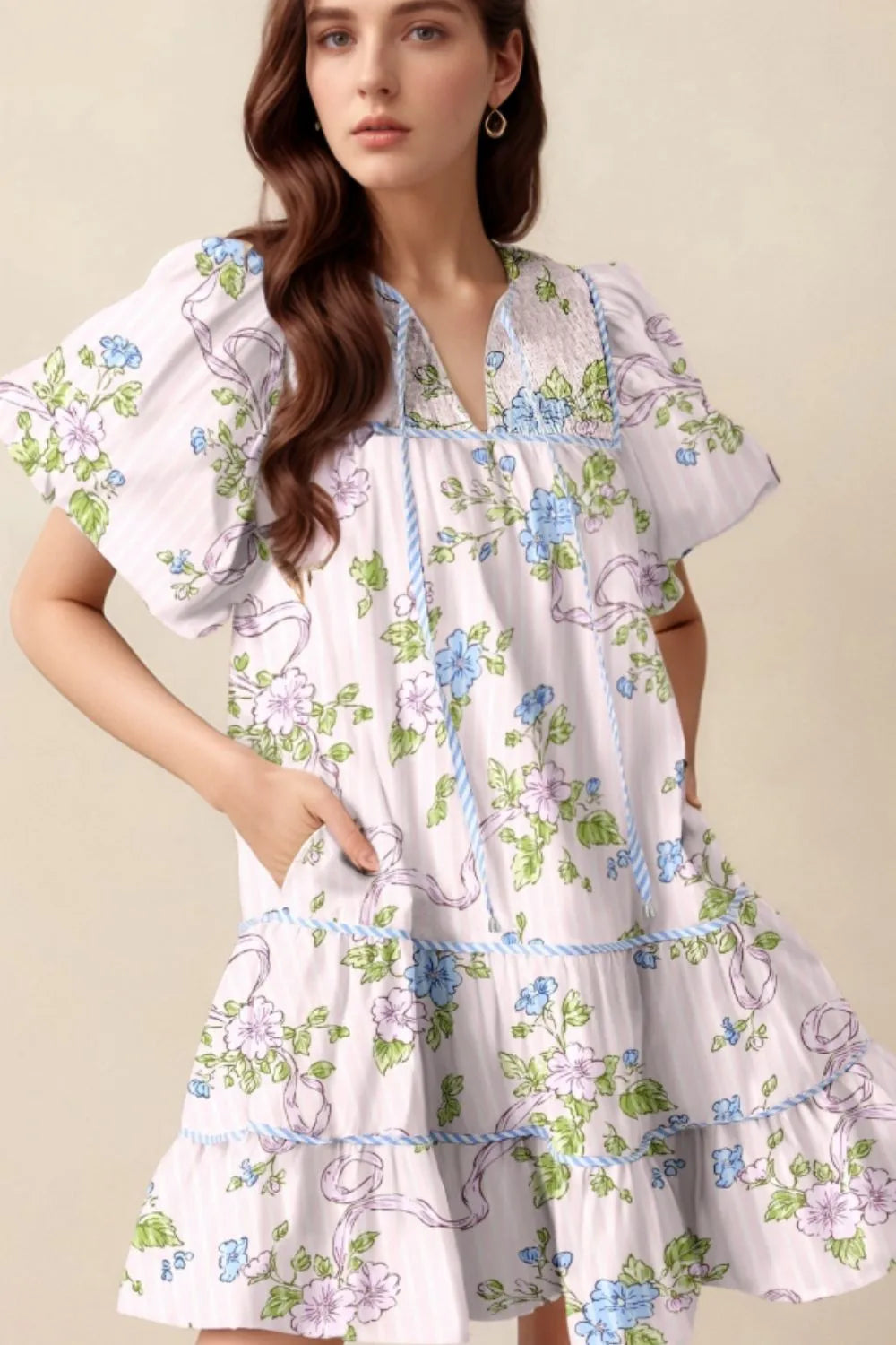 Printed Tie Neck Short Sleeve Mini Dress - Blushé Belle