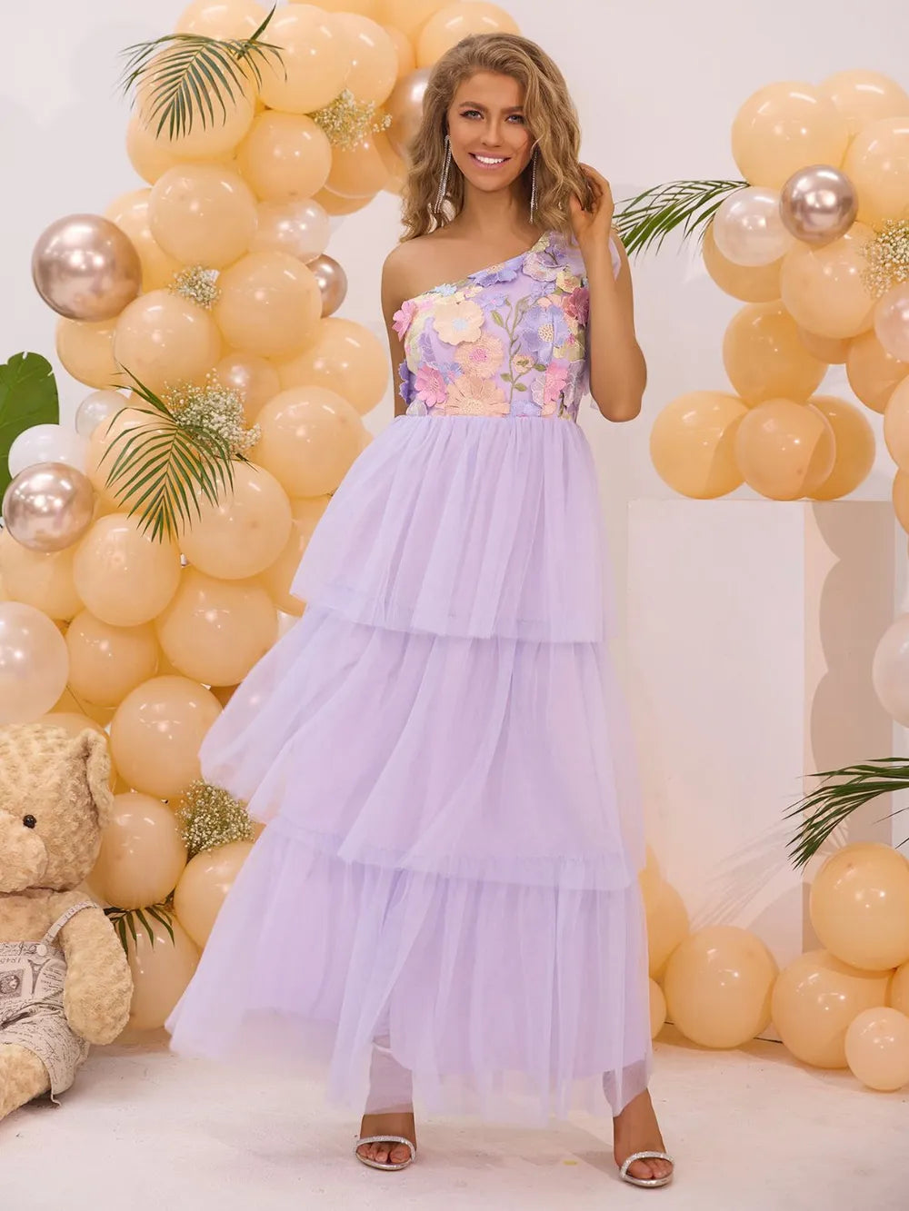 Embroidered Layered Single Shoulder Dress - Blushé Belle