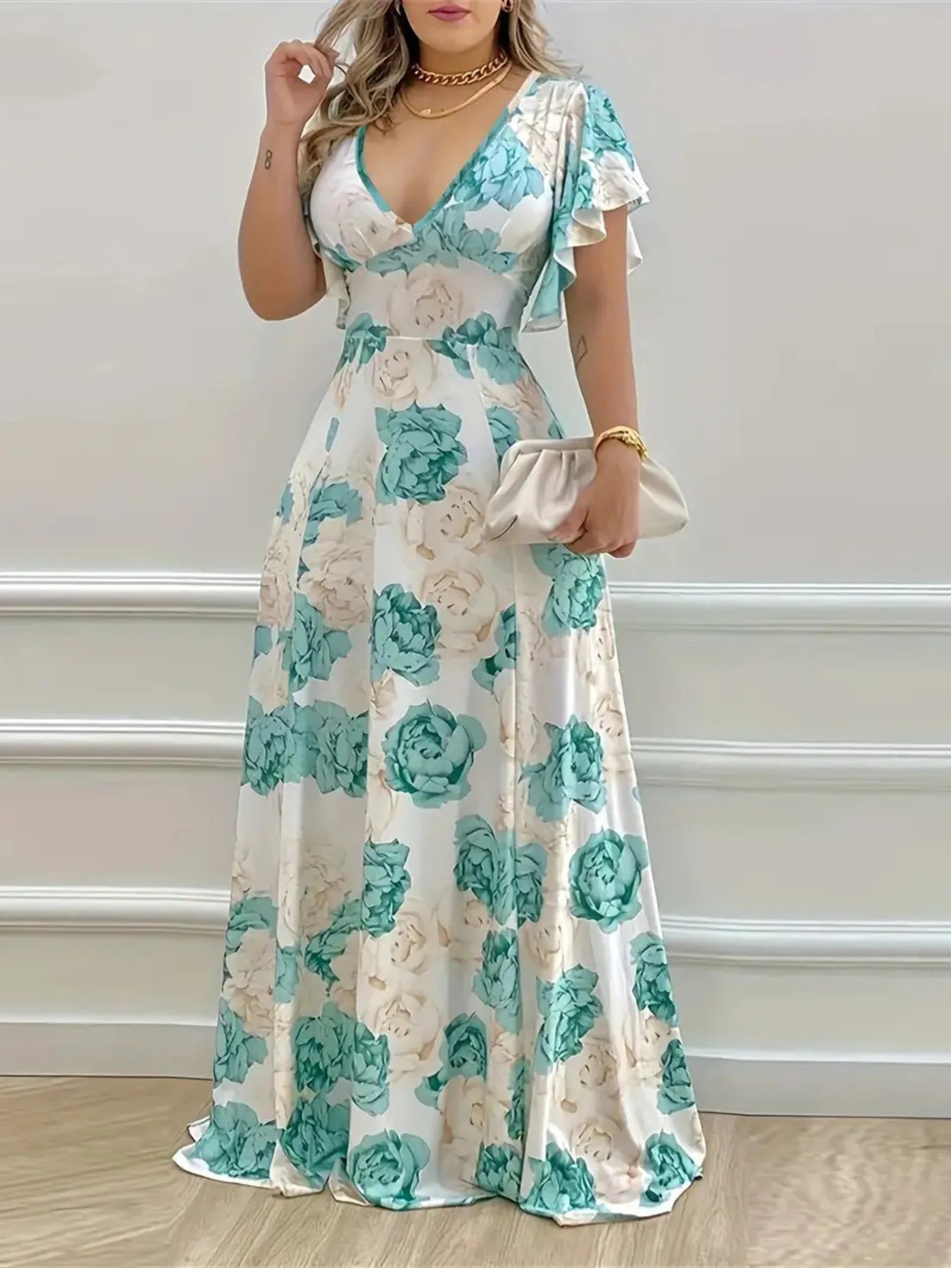 Plus Size Floral Print V-Neck Maxi Dress with Flutter Sleeves - Blushé Belle