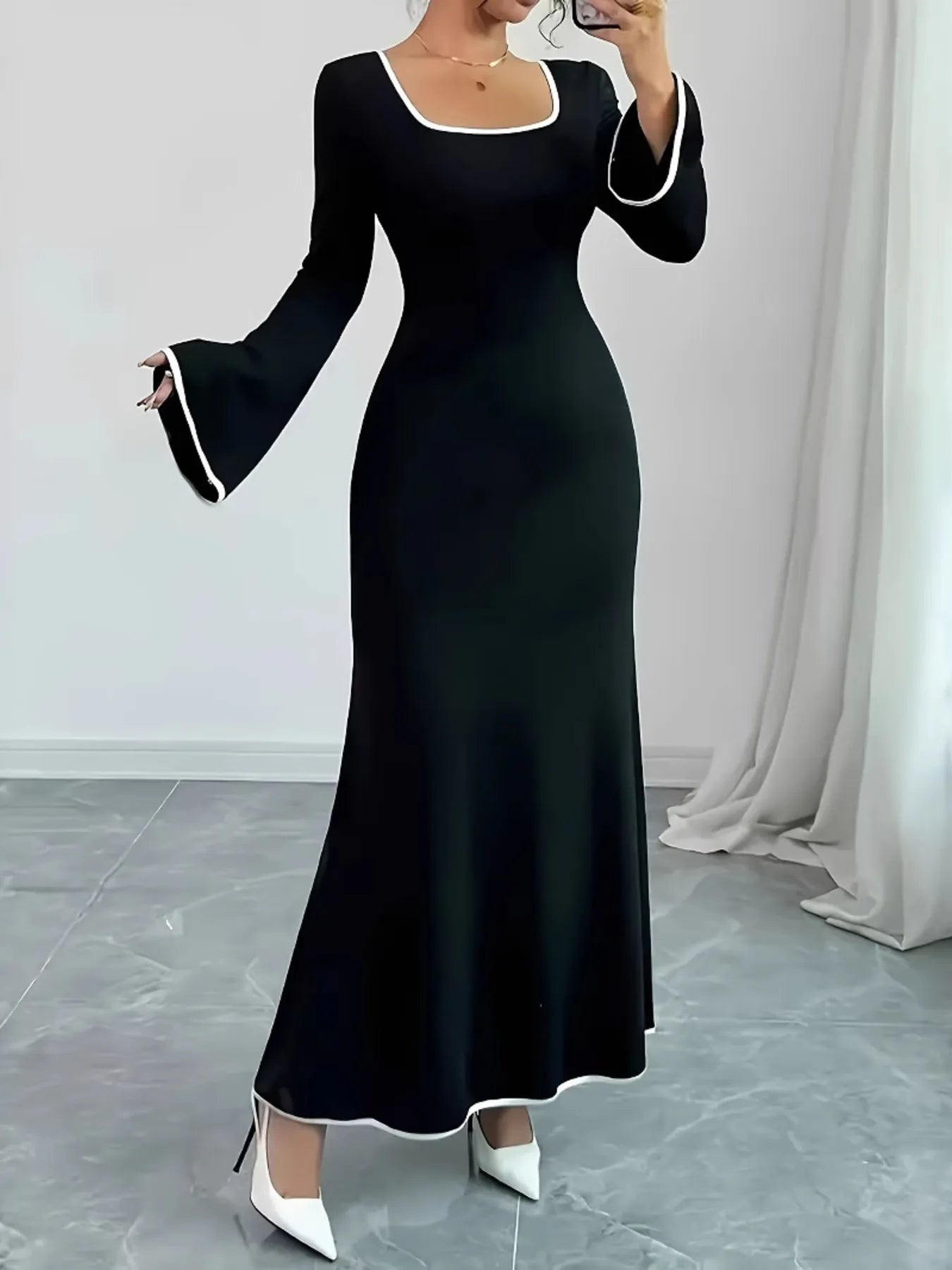 Plus Size Contrast Trim Square Neck Long Sleeve Maxi Dress - Blushé Belle