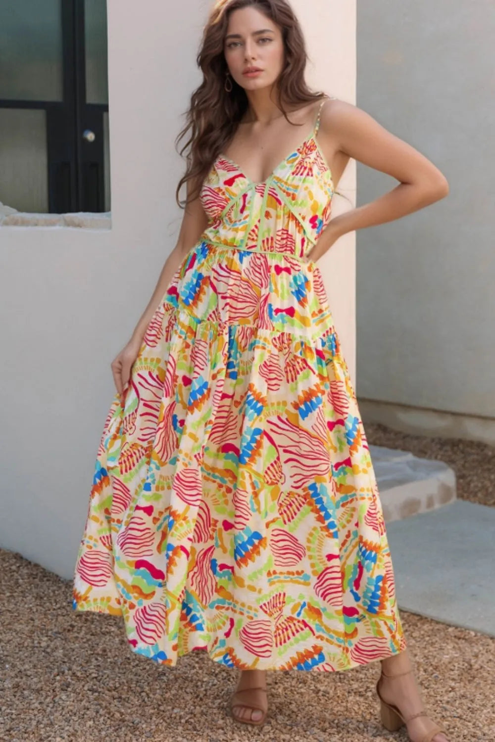 Abstract Print Spaghetti Strap Piping Detail Maxi Dress - Blushé Belle
