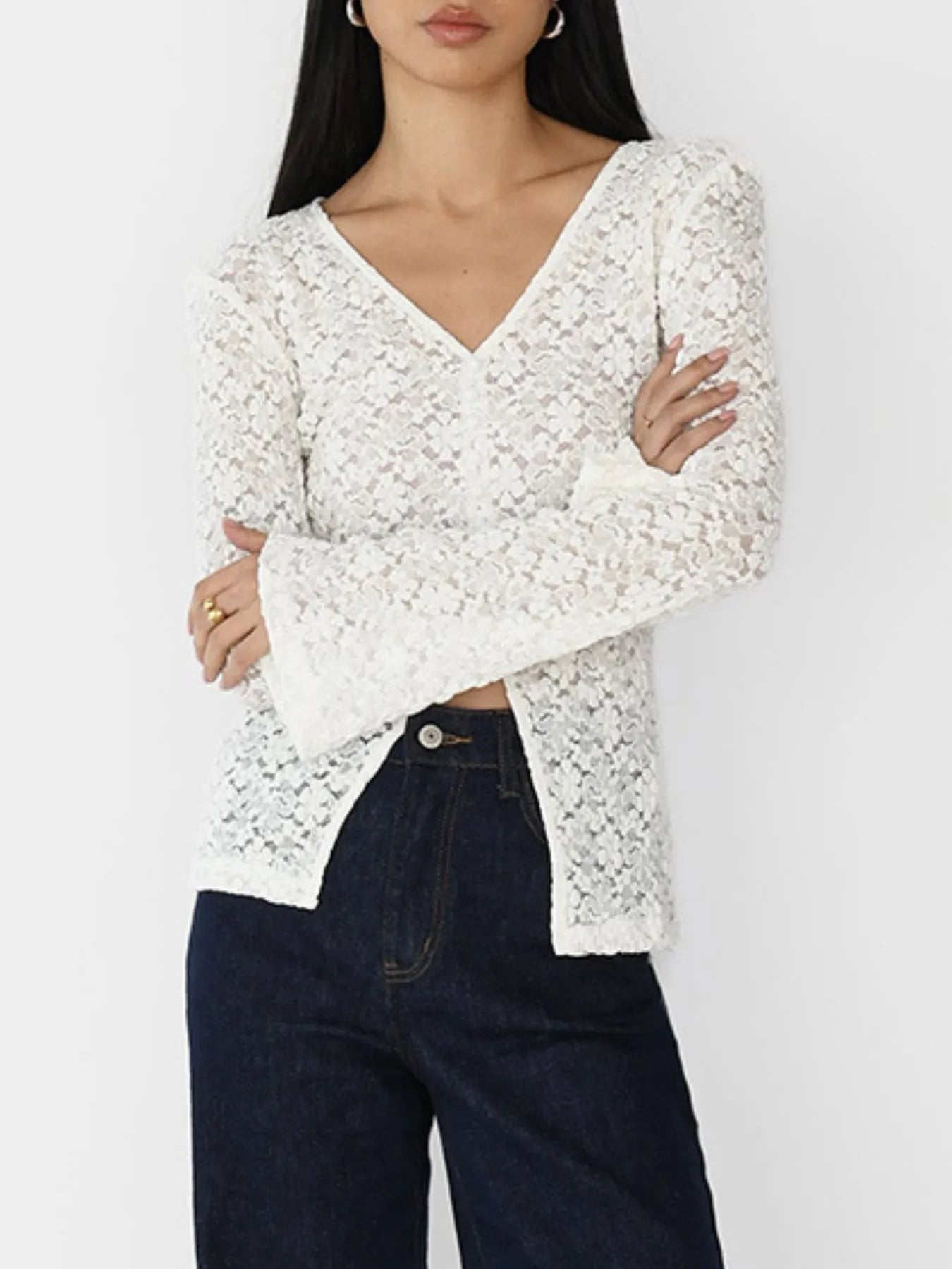 Lace V-Neck Flare Sleeve T-Shirt - Blushé Belle