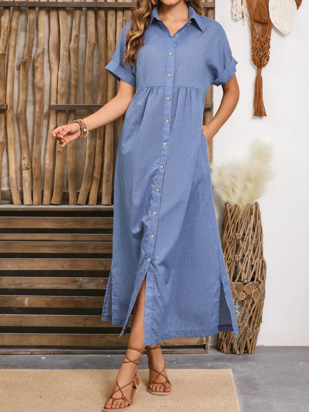 Slit Collared Neck Short Sleeve Midi Dress - Blushé Belle