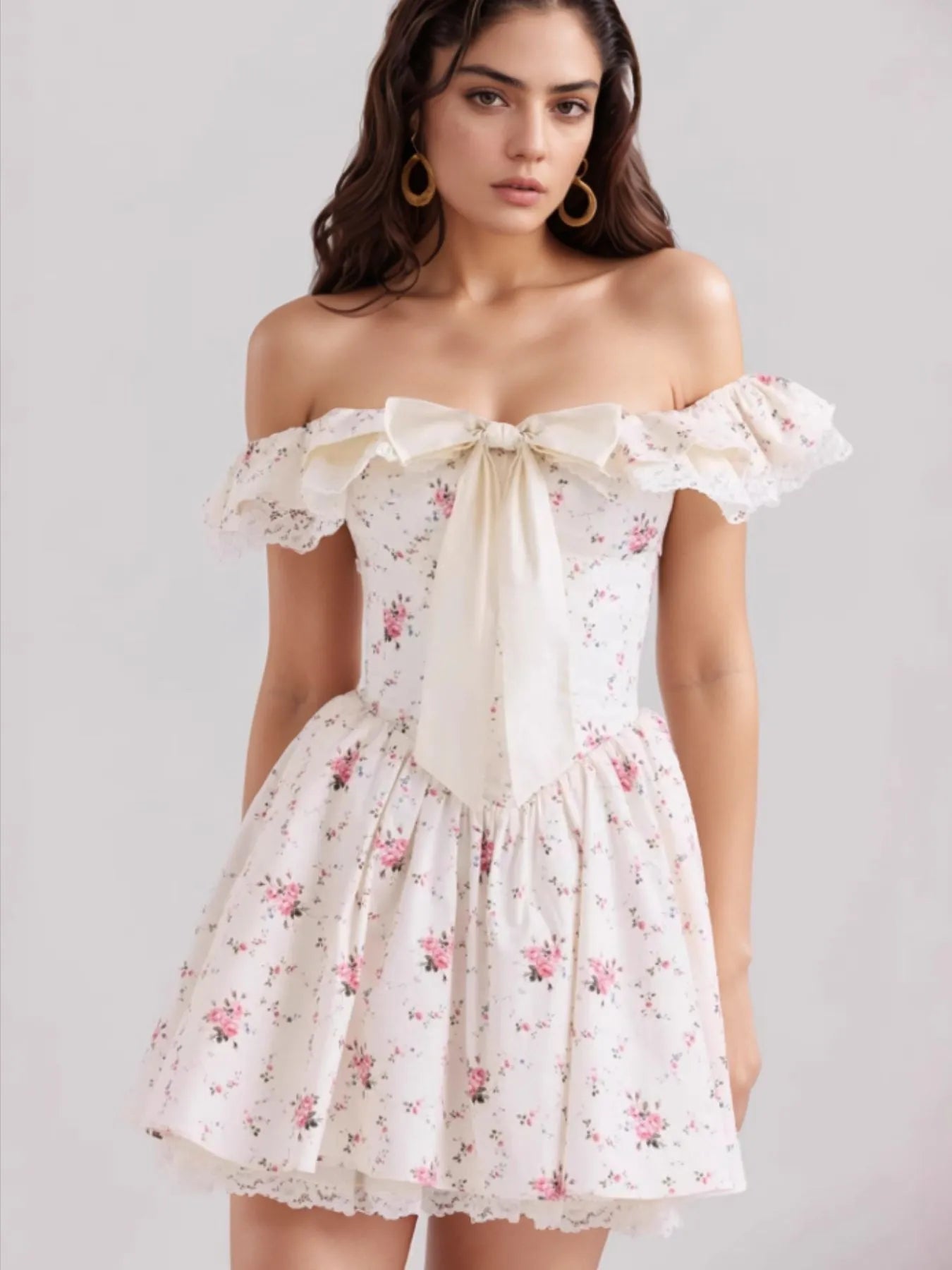 Off-Shoulder Floral Lace Trim Mini Dress - Blushé Belle