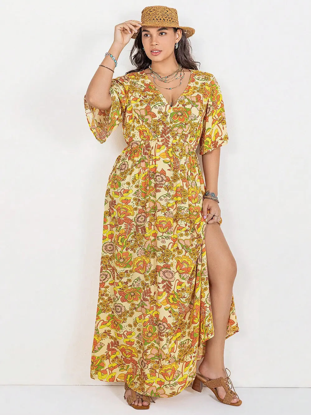 Floral V-Neck Short Sleeve Slit Dress - Blushé Belle