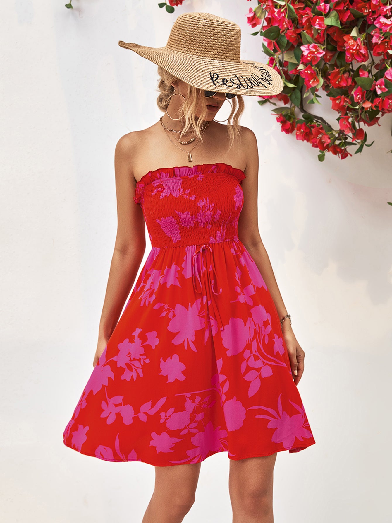 Floral Frill Trim Strapless Smocked Dress - Blushé Belle