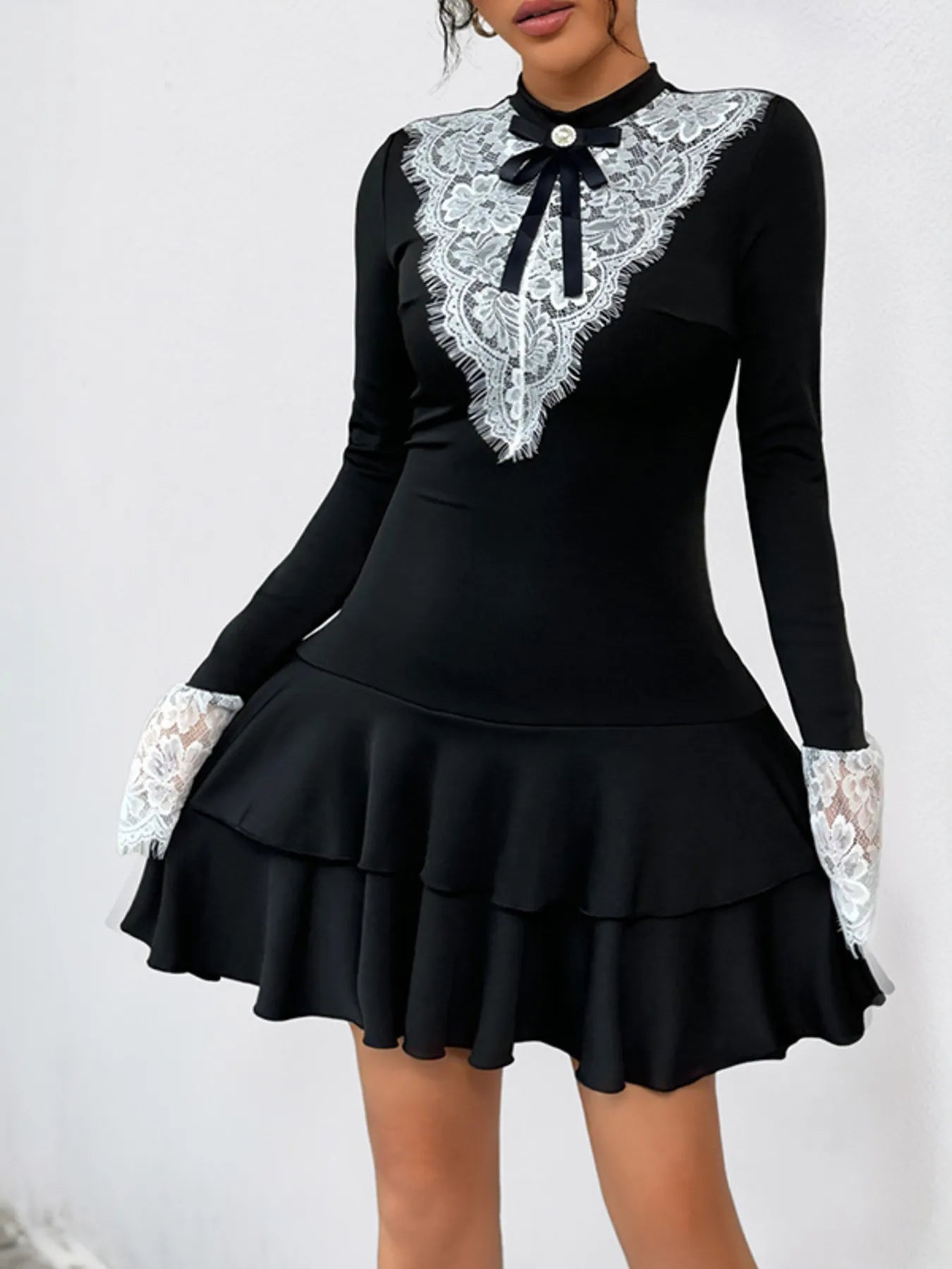 Lace Detail Long Sleeve Mini Dress - Blushé Belle
