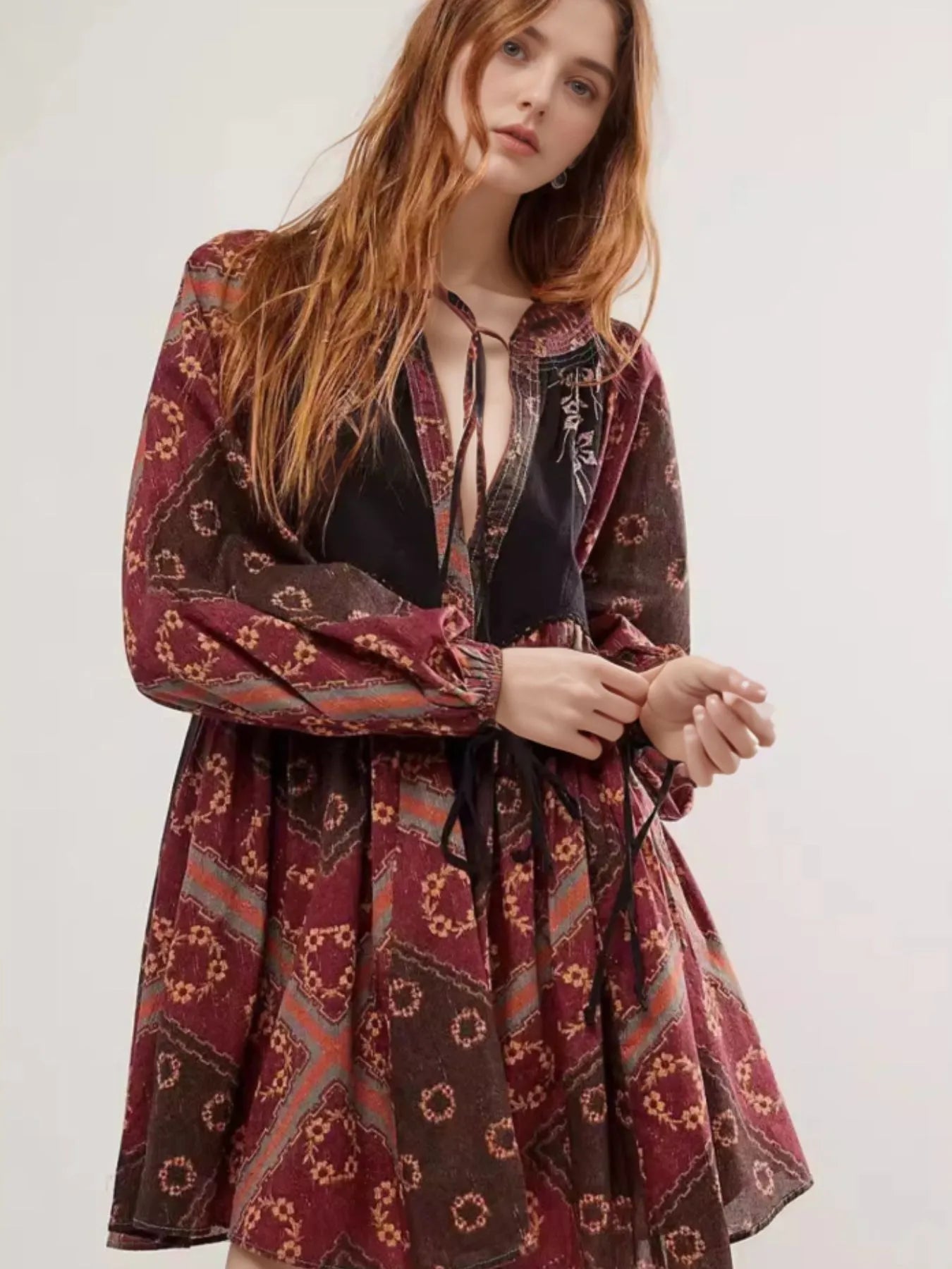 Printed Tie Neck Long Sleeve Dress - Blushé Belle