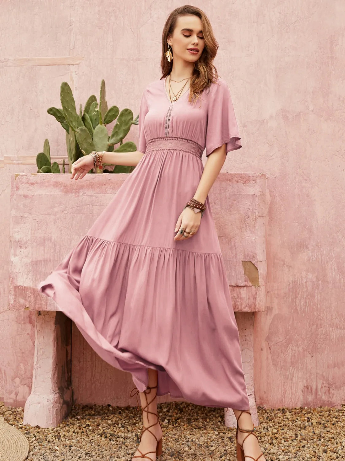 Lace Detail V-Neck Short Sleeve Dress - Blushé Belle