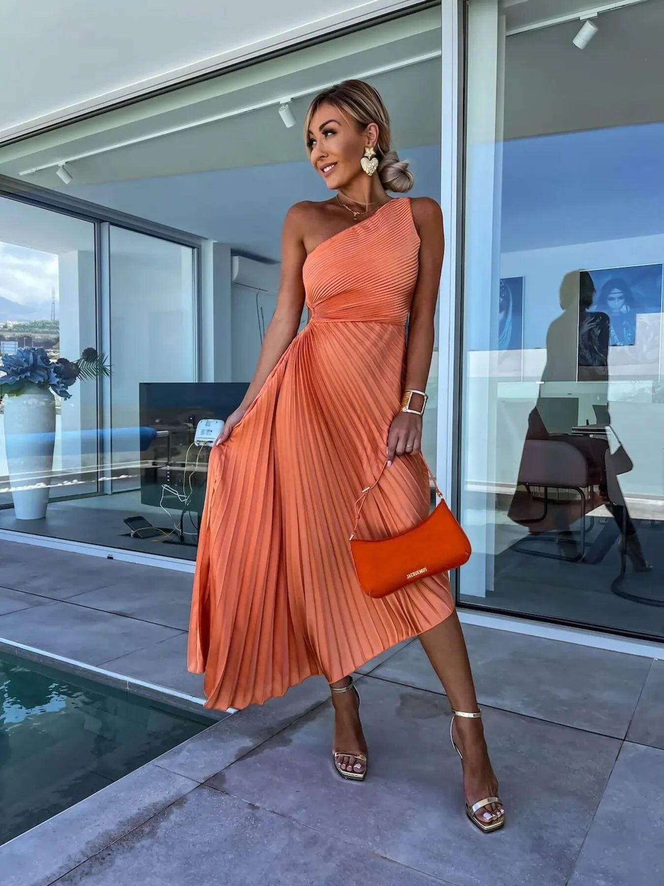 Full Size Single Shoulder Pleated Midi Dress Plus Size - Blushé Belle