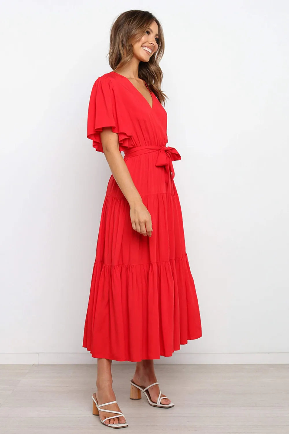 Front Tie Short Sleeve Tiered Midi Dress - Blushé Belle