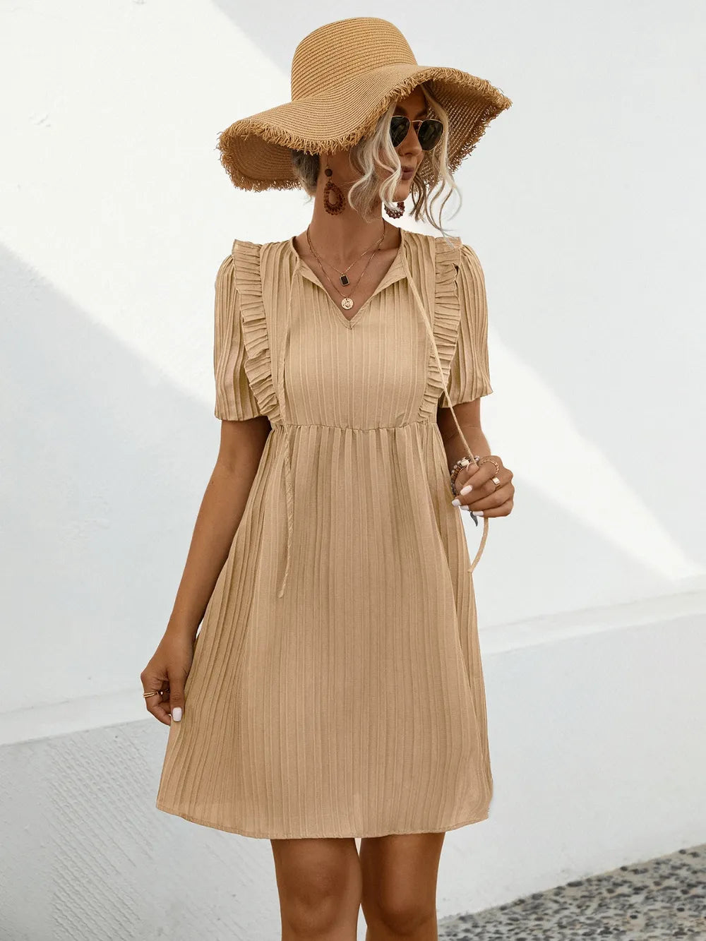 Tie Neck Short Sleeve Mini Dress - Blushé Belle