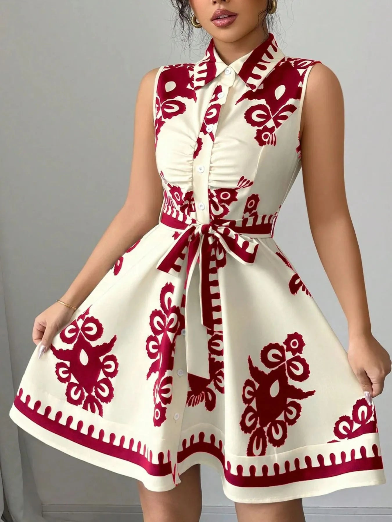 Printed Sleeveless Tie Waist Mini Dress - Blushé Belle