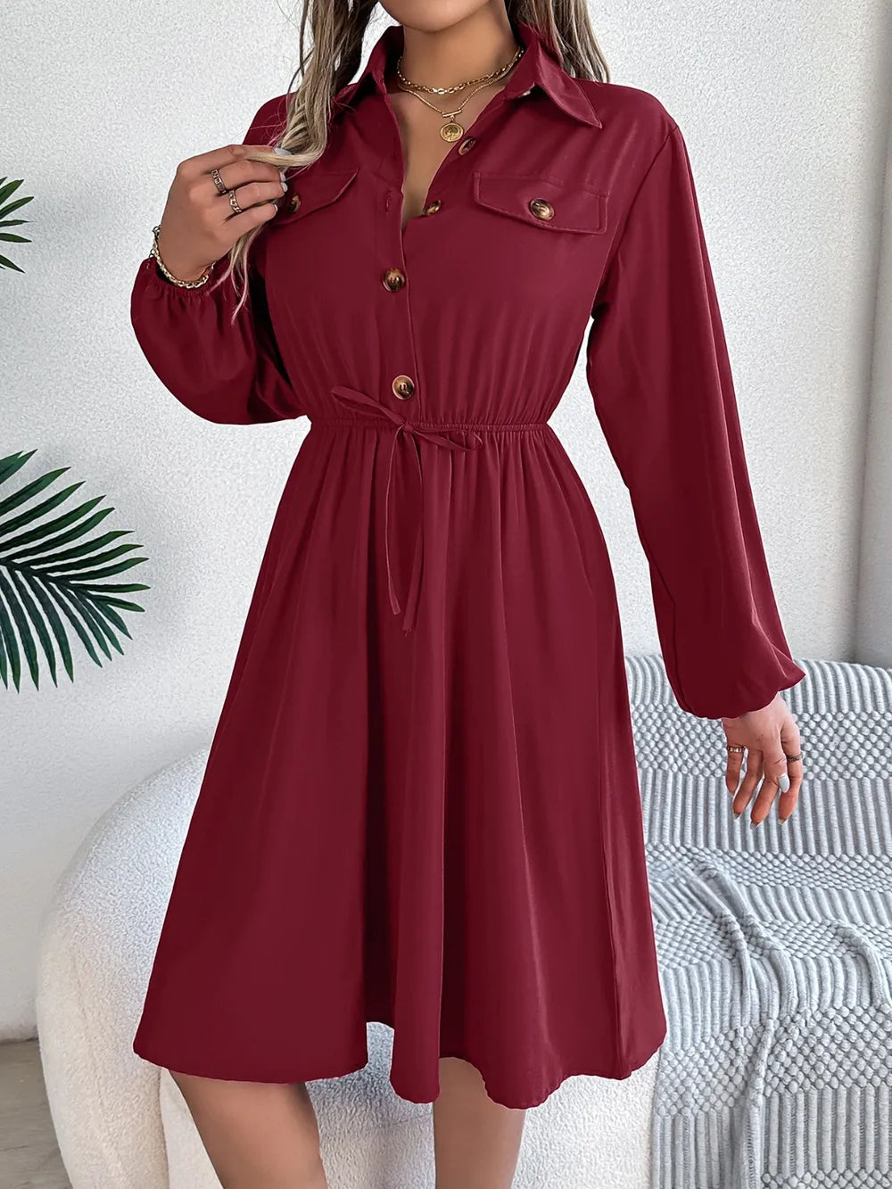 Collared Neck Long Sleeve Dress with Pockets - Blushé Belle