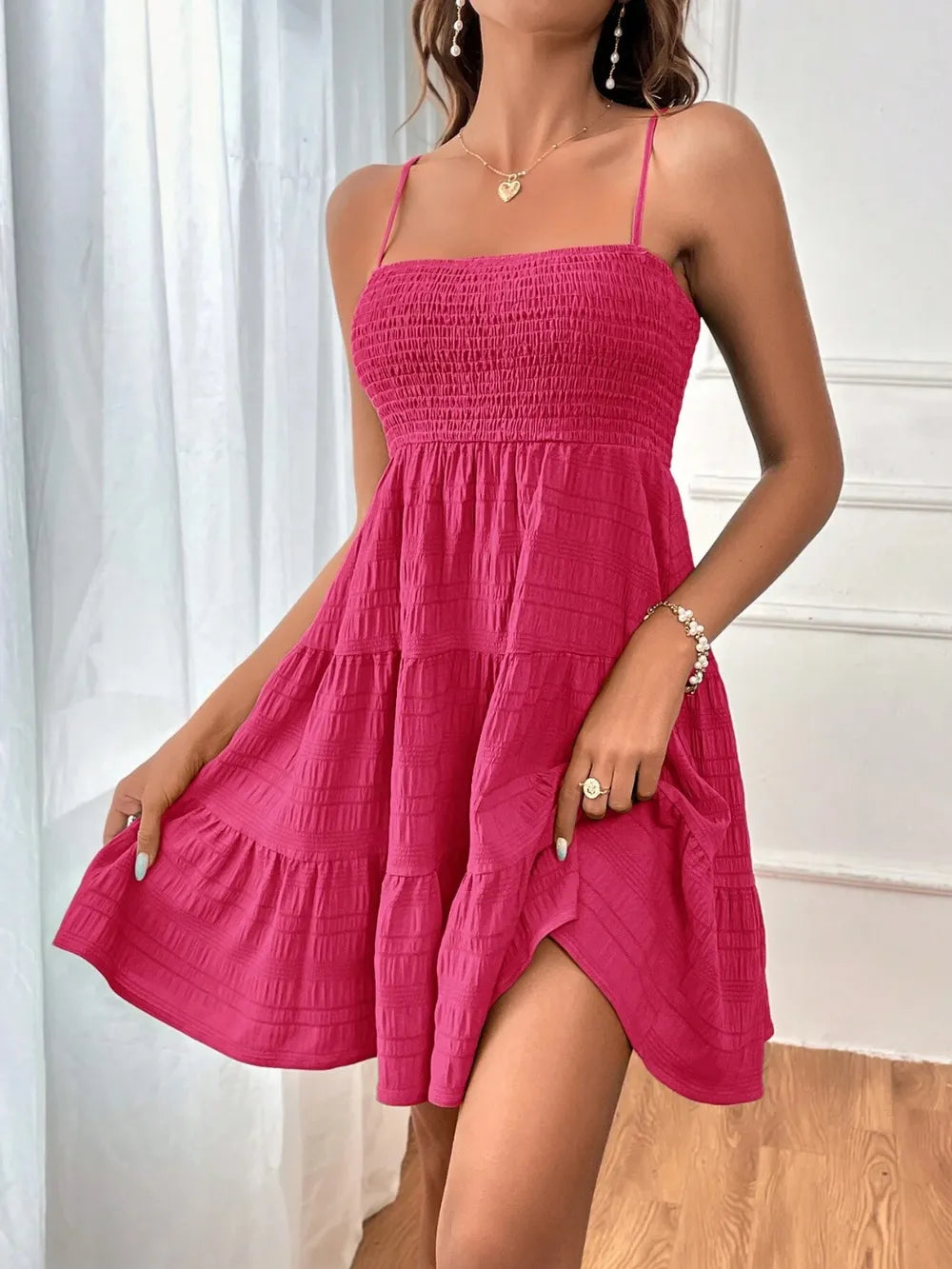 Smocked Tiered Sleeveless Mini Dress - Blushé Belle