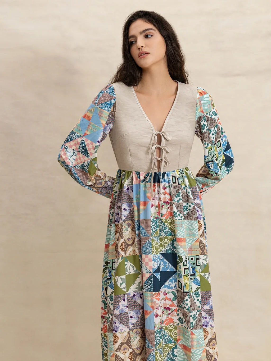 Tied Front Printed Long Sleeve Maxi Dress - Blushé Belle