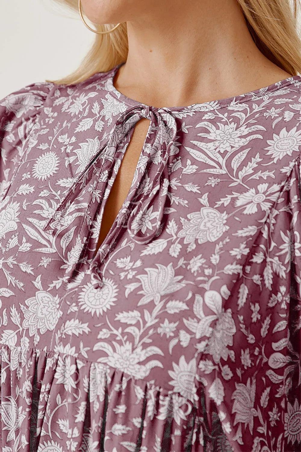 Floral Tie Neck Ruched Babydoll Dress - Blushé Belle