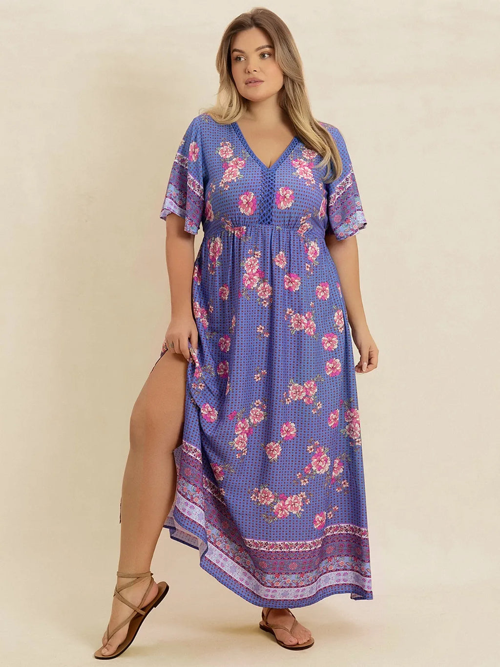 Plus Size Printed V-Neck Flutter Sleeve Dress - Blushé Belle