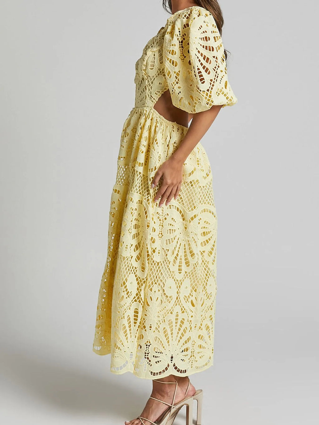 Cutout Back Lace Crochet V-Neck Dress - Blushé Belle