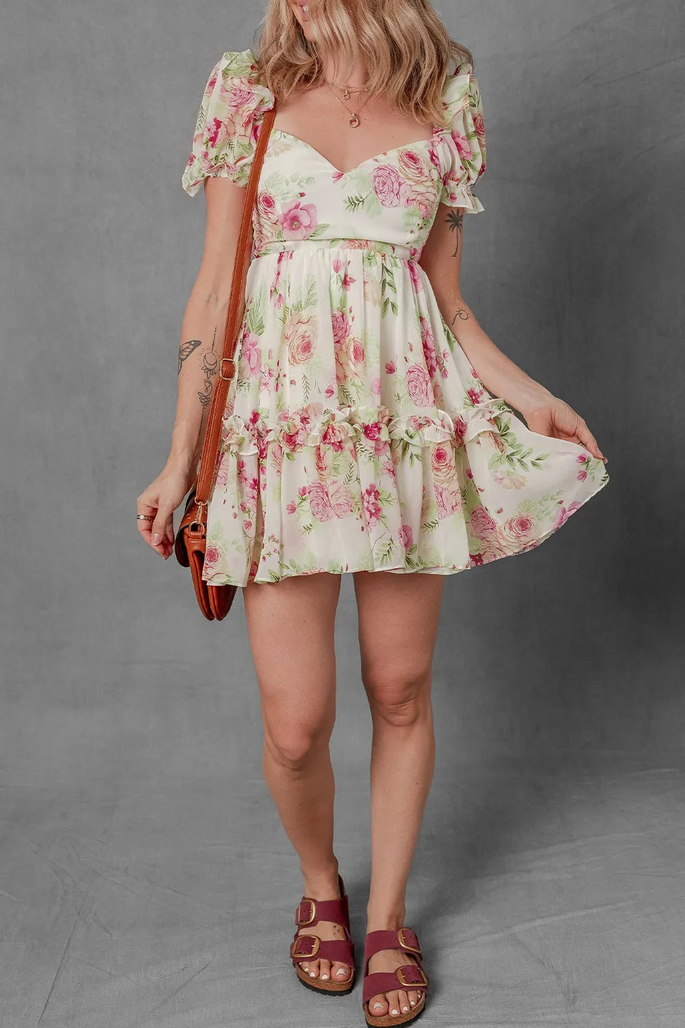 Floral Bubble Sleeve Sweetheart Neck Ruffle Mini Dress - Blushé Belle