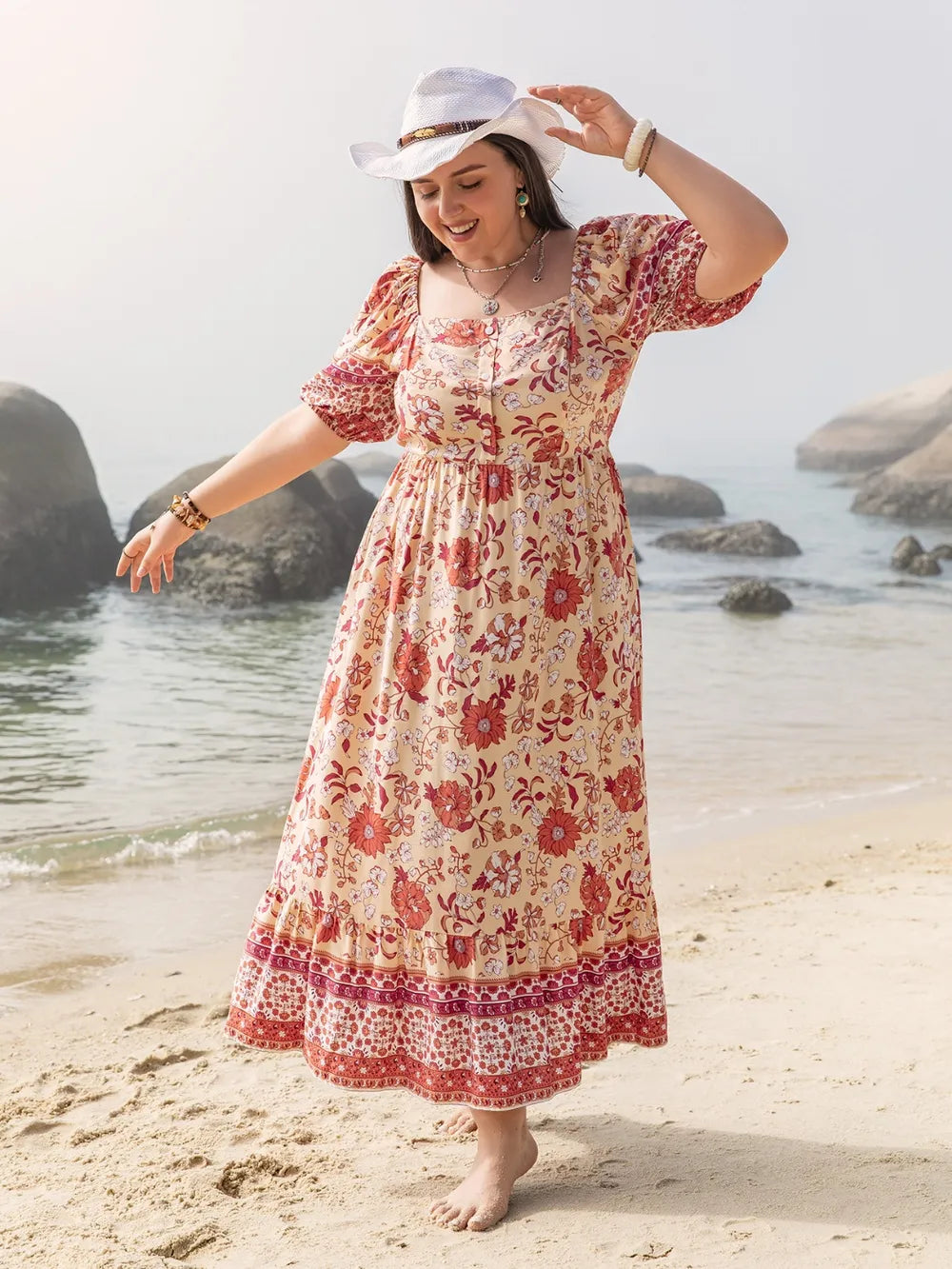 Plus Size Printed Square Neck Ruffle Hem Dress - Blushé Belle