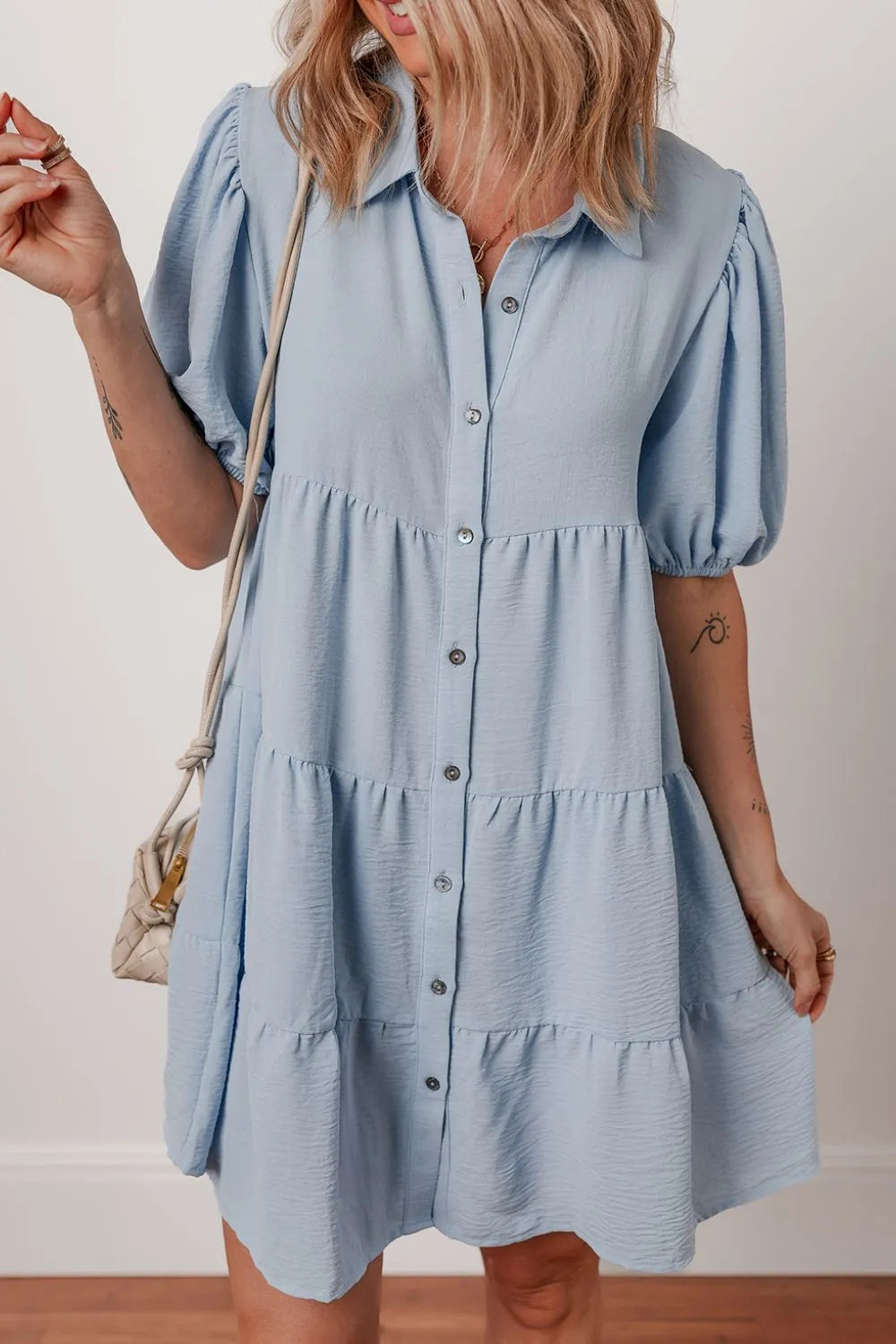 Button Up Puff Sleeve Tiered Shirt Dress - Blushé Belle