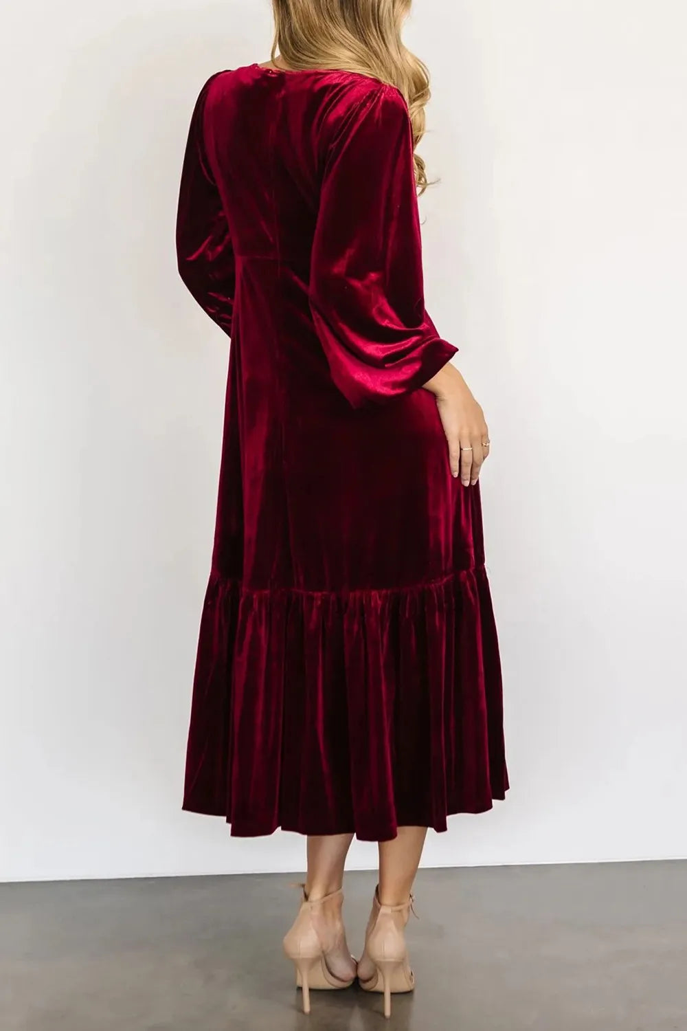 V-Neck Long Sleeve Midi Velvet Dress - Blushé Belle