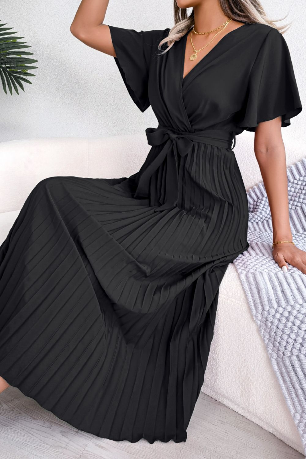 Pleated Flutter Sleeve Belted Dress - Blushé Belle