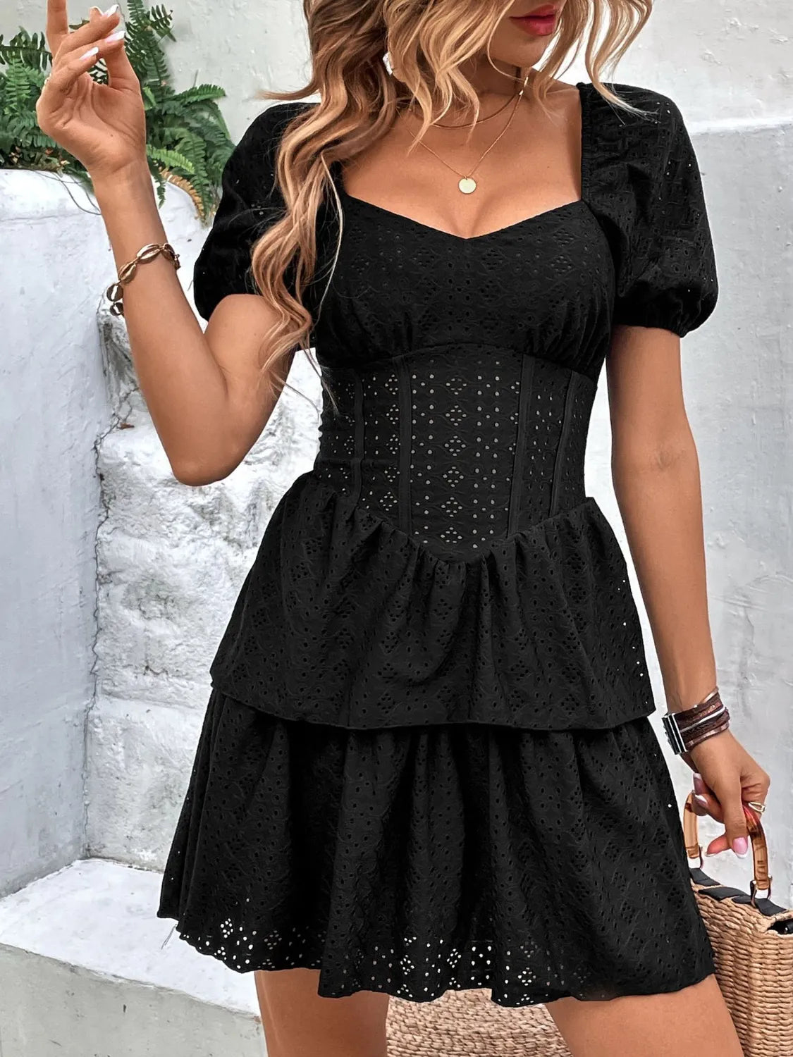 Layered Eyelet Short Sleeve Mini Dress - Blushé Belle