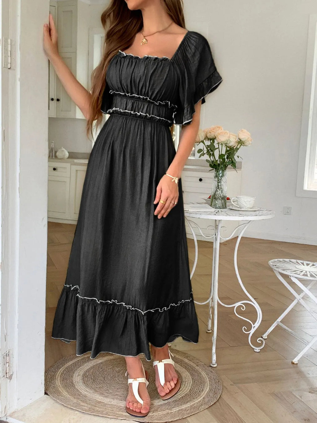 Square Neck Puff Sleeve Ruffle Trim Maxi Dress - Blushé Belle