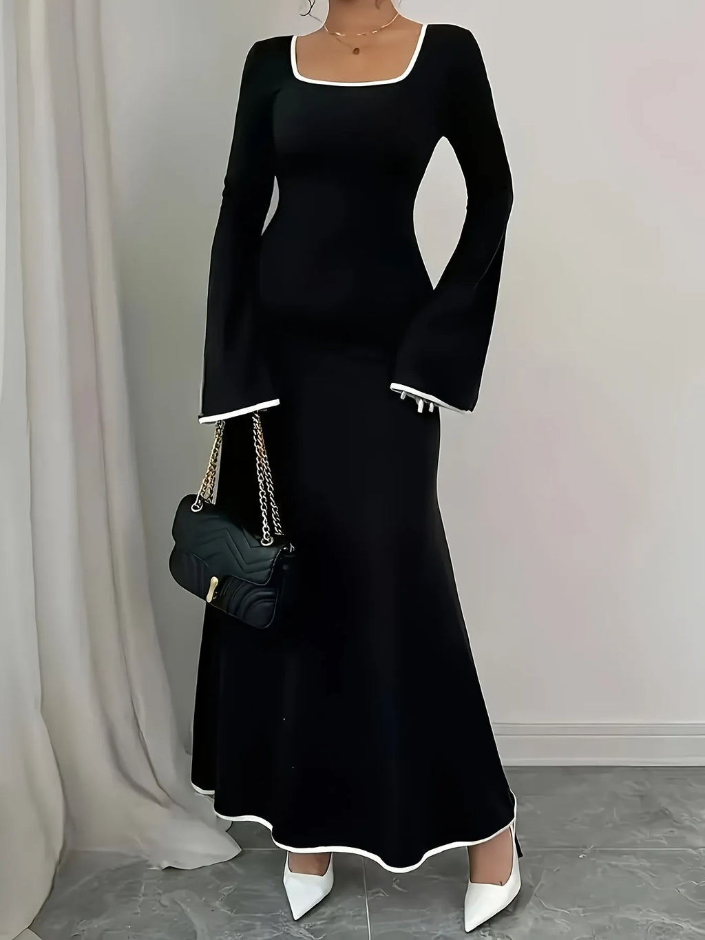 Plus Size Contrast Trim Square Neck Long Sleeve Maxi Dress - Blushé Belle