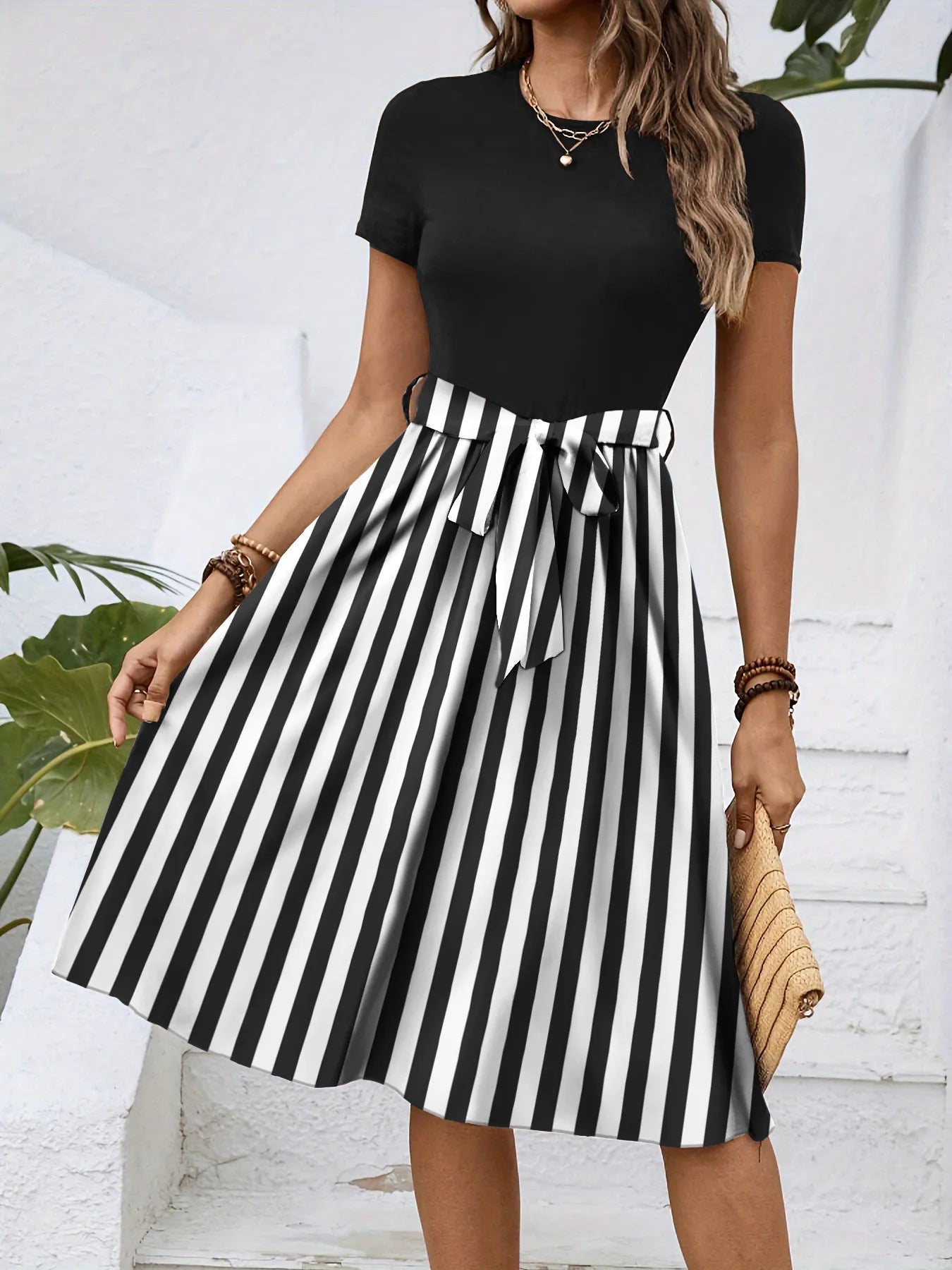 Striped Round Neck Short Sleeve Dress - Blushé Belle