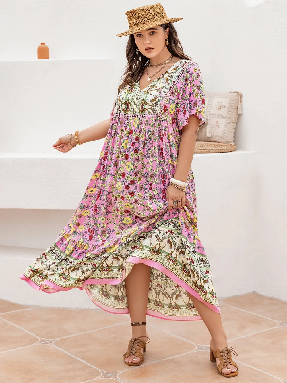 Plus Size Floral Tie Neck Flutter Sleeve Maxi Dress - Blushé Belle