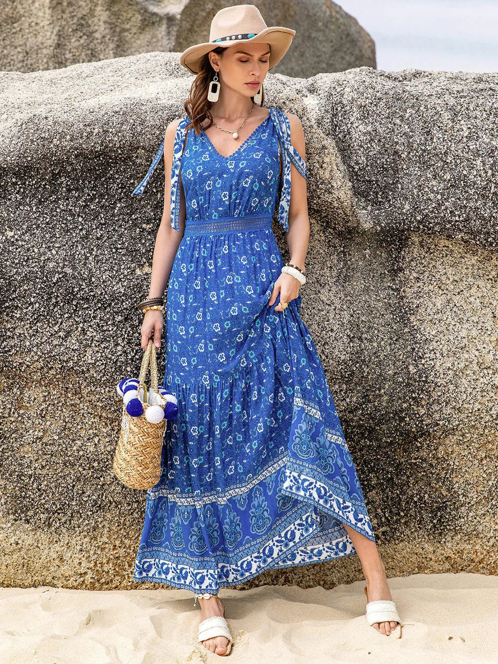 Printed V-Neck Tie Shoulder Dress - Blushé Belle