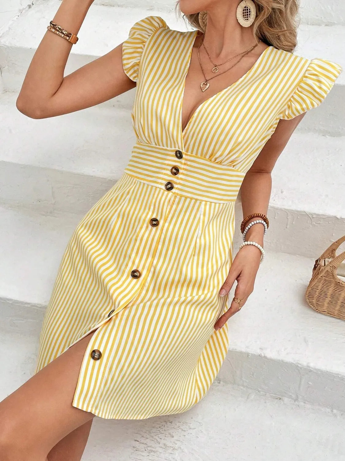 Striped Button Front Cap Sleeve Dress - Blushé Belle