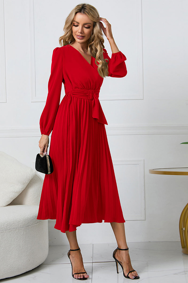 V-Neck Long Sleeve Tie Waist Midi Dress - Blushé Belle
