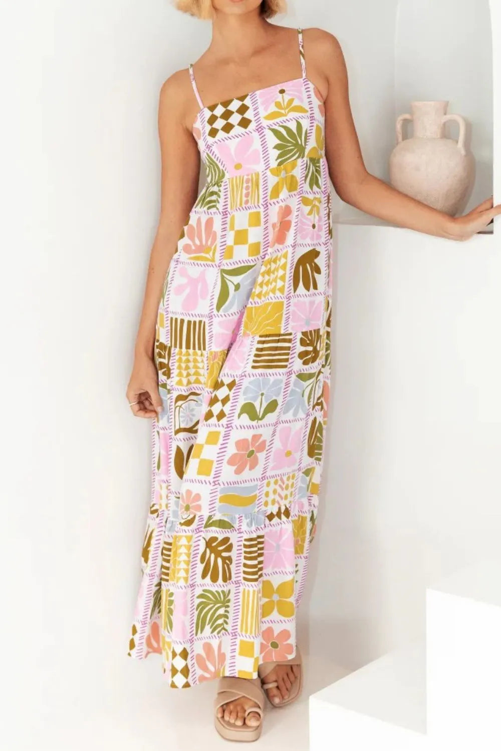 Cutout Back Printed Square Neck Maxi Cami Dress - Blushé Belle