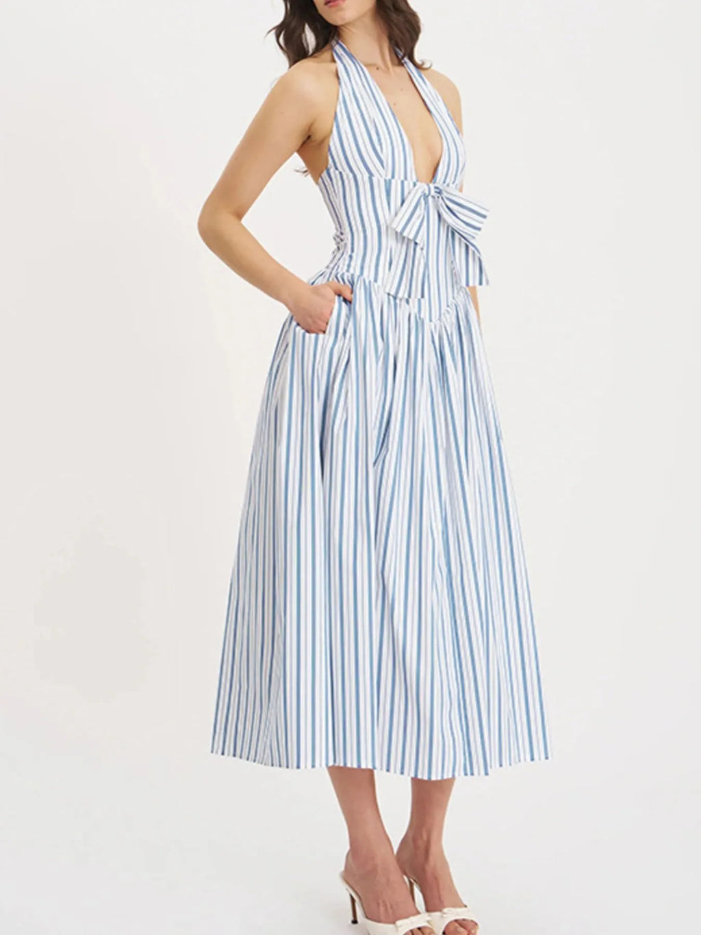 Striped Halter Neck Midi Dress with Tie Front Detail - Blushé Belle