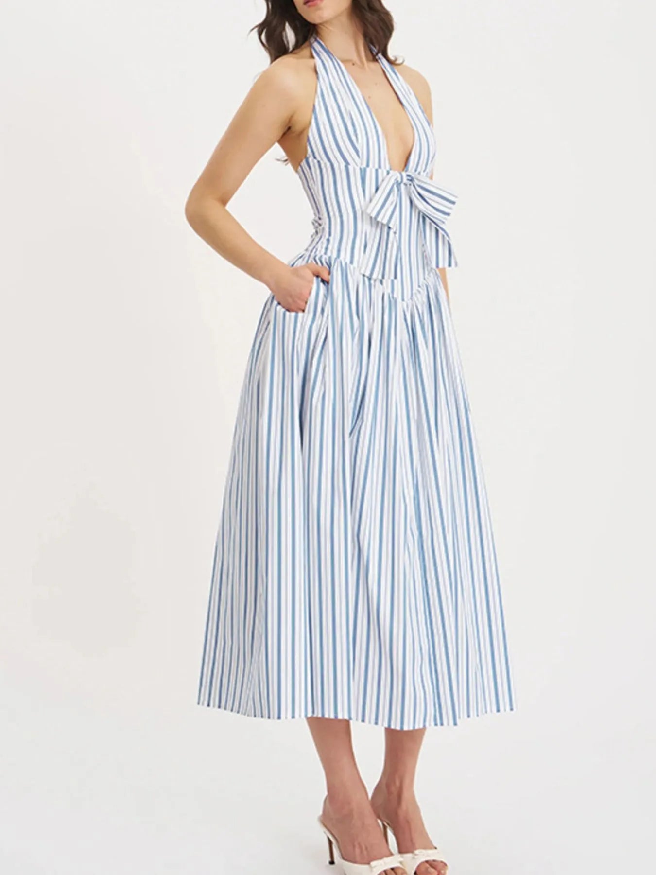 Striped Halter Neck Midi Dress with Tie Front Detail - Blushé Belle