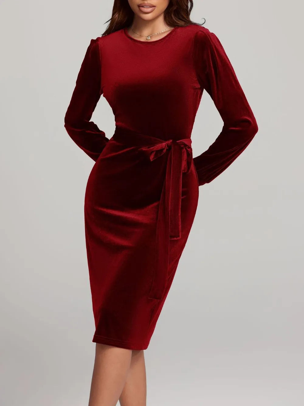 Round Neck Tie Waist Long Sleeve Velvet Dress - Blushé Belle