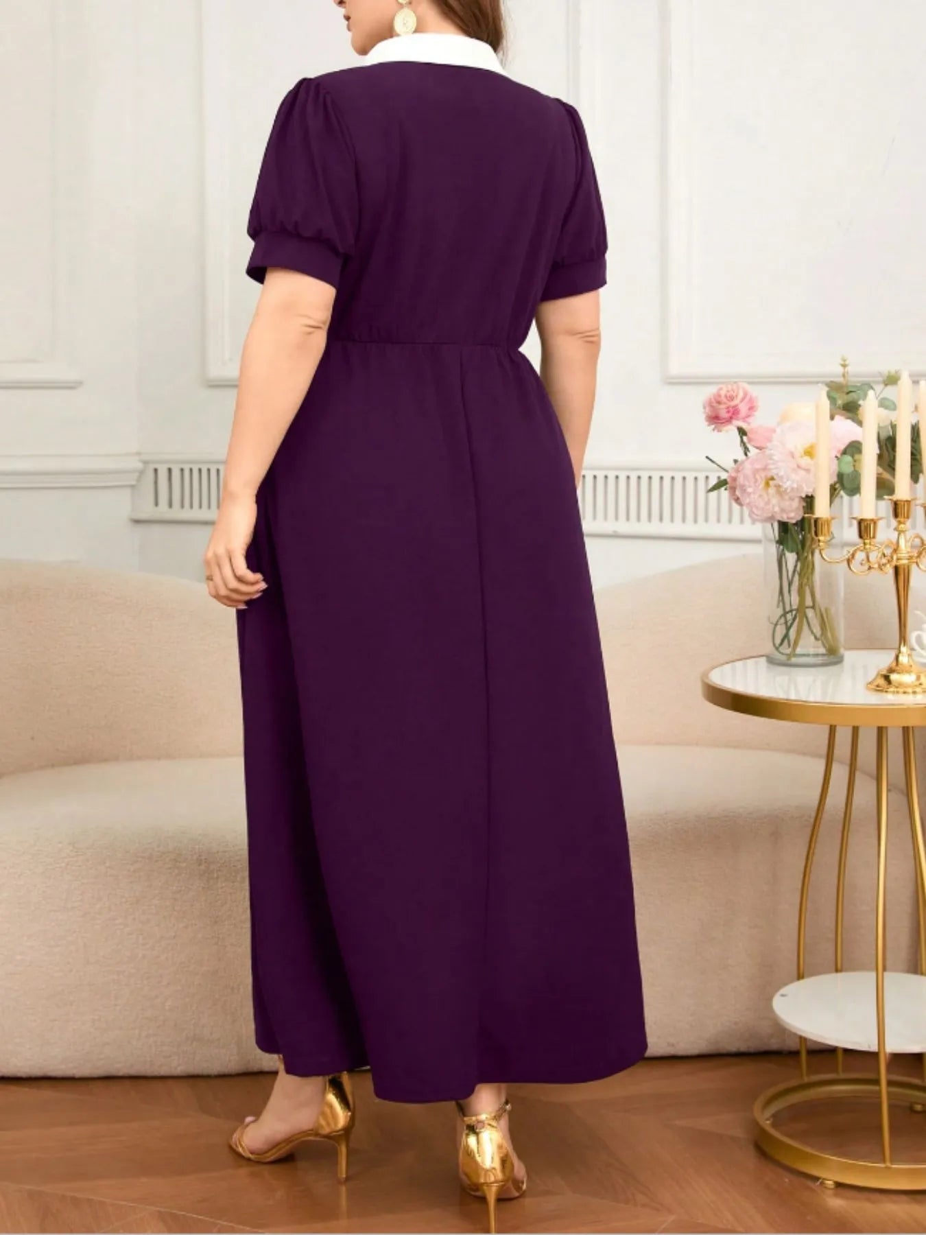 Plus Size Contrast Collar Short Sleeve Dress - Blushé Belle