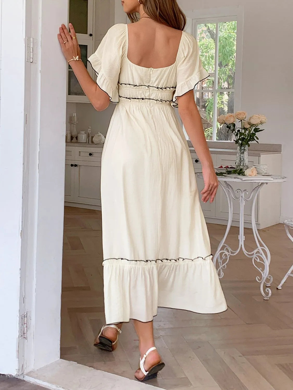 Square Neck Puff Sleeve Ruffle Trim Maxi Dress - Blushé Belle