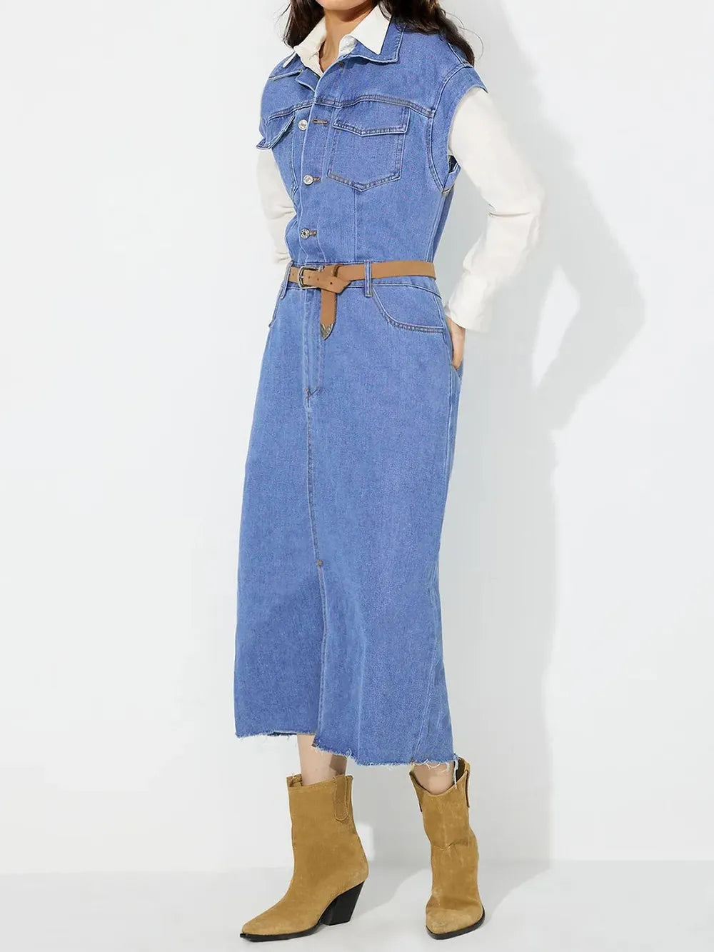 Slit Half Button Collared Neck Cap Sleeve Denim Dress - Blushé Belle