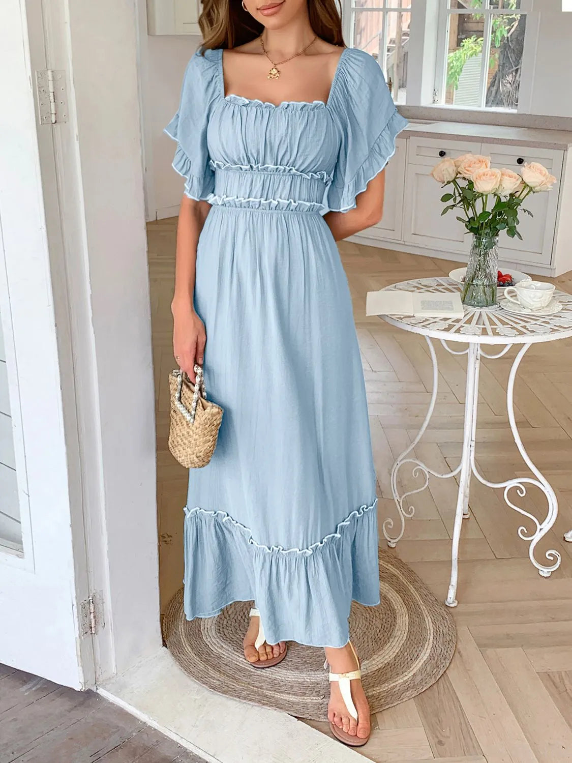 Square Neck Puff Sleeve Ruffle Trim Maxi Dress - Blushé Belle
